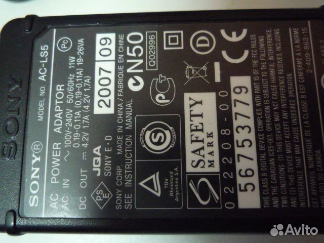 Блок питания Адаптер Зарядка Sony AC-LS5 для фото Блок питания Адаптер Зарядка Sony AC-LS5 для фото