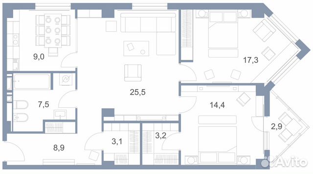 3-к квартира, 92.5 м², 21/25 эт.