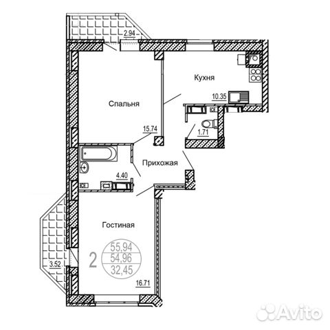 2-к квартира, 55.9 м², 2/10 эт.