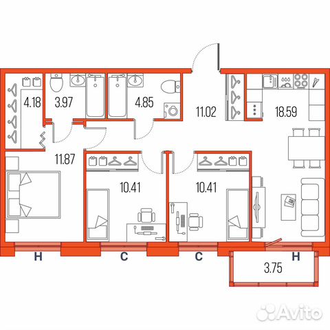 3-к квартира, 75.3 м², 12/22 эт.