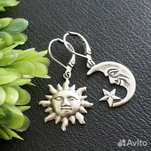 Серьги асимметричные Солнце и Полумесяц Луна сереб