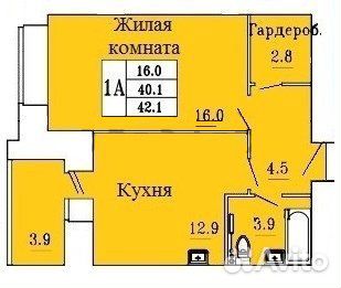 1-к квартира, 42.1 м², 5/16 эт.