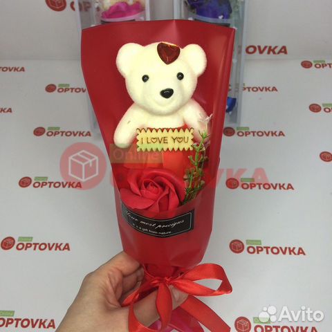 Букет из 1 мыльной розы с мишкой оптом Букет из 1 мыльной розы с мишкой оптом
