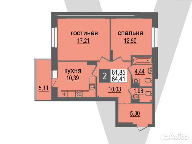 2-к квартира, 64.4 м², 3/17 эт.