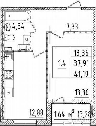 1-к квартира, 41.2 м², 9/14 эт.