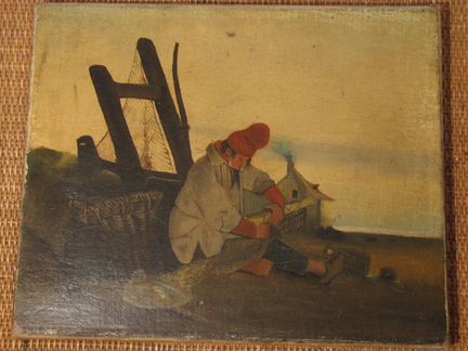 Старинная картина 1857 года рыбак рыбалка