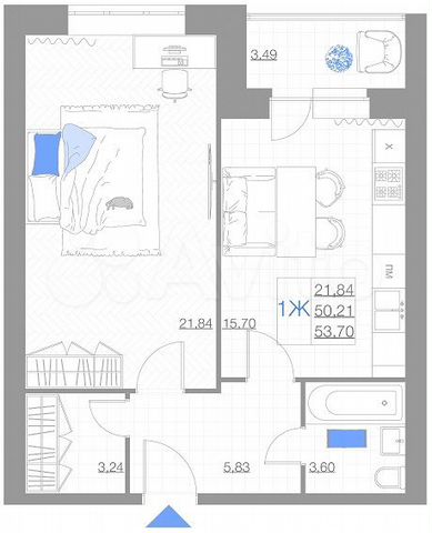 1-к. квартира, 53,7 м², 3/5 эт.