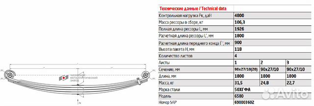 Рессора передняя пао камаз 6580 4 листа