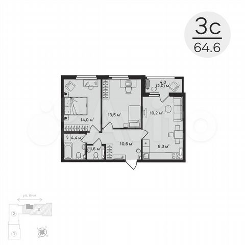 3-к. квартира, 64,6 м², 2/6 эт.