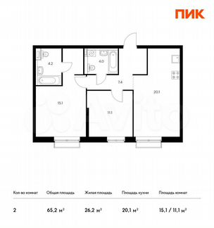 2-к квартира, 65.2 м², 20/26 эт.