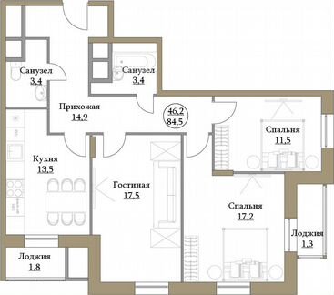 3-к квартира, 84.5 м², 12/17 эт.