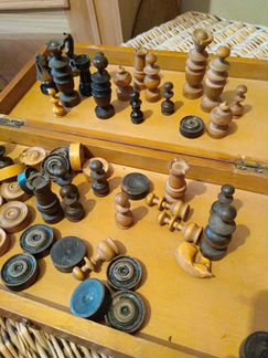 Шахматы и шашки антикварные дерево резьба 19 век